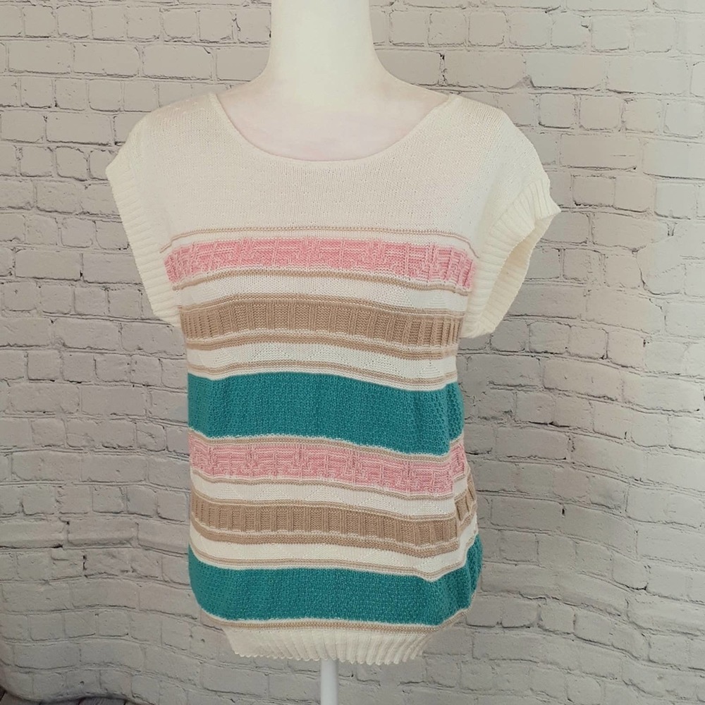 Boutique Sleeveless Cream Pink Turquoise Knit Sweater Size S